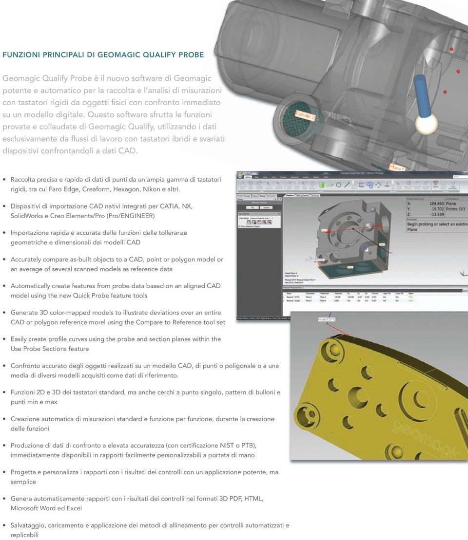 Questo software sfrutta le funzioni provate e collaudate di Geomagic Qualify, utilizzando i dati esclusivamente da flussi di lavoro con tastatori ibridi e svariati dispositivi confrontandoli a dati