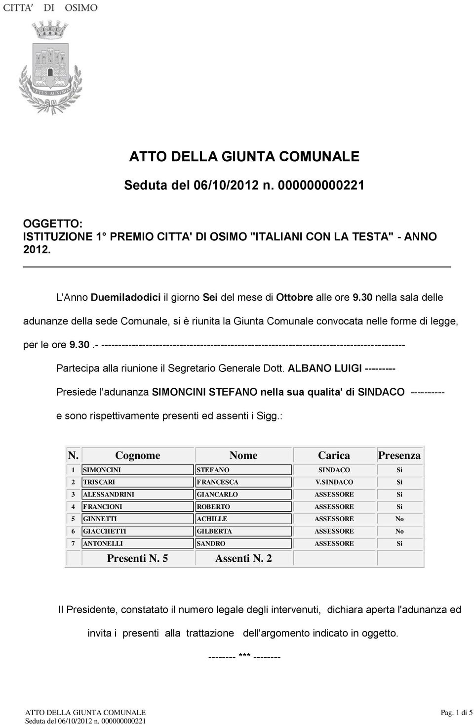 ALBANO LUIGI --------- Presiede l'adunanza SIMONCINI STEFANO nella sua qualita' di SINDACO ---------- e sono rispettivamente presenti ed assenti i Sigg.: N.