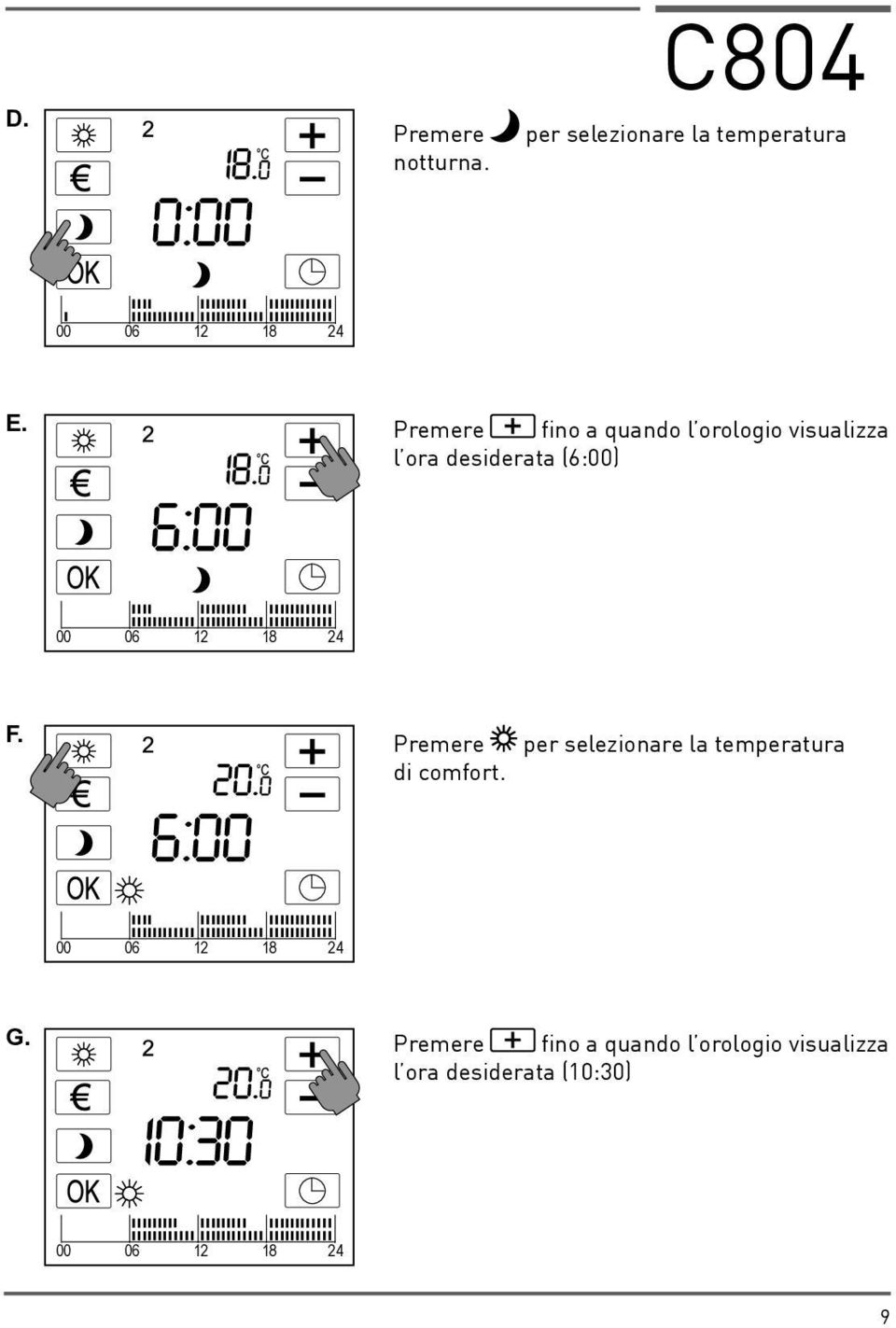 (6:00) F. Premere di comfort. per selezionare la temperatura G.