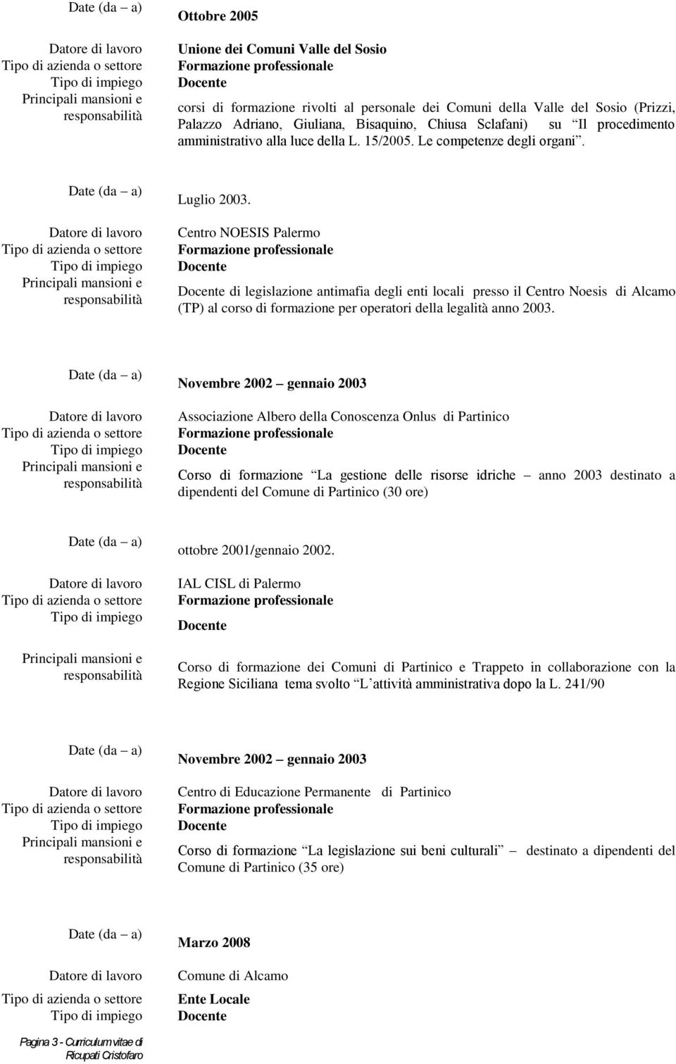 Centro NOESIS Palermo di legislazione antimafia degli enti locali presso il Centro Noesis di Alcamo (TP) al corso di formazione per operatori della legalità anno 2003.