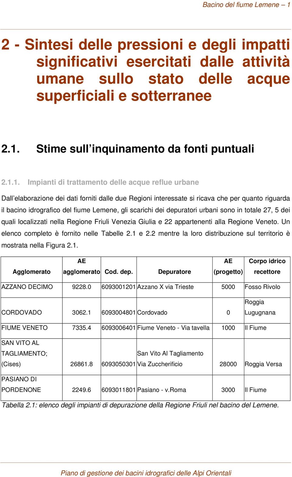 scarichi dei depuratori urbani sono in totale 27, 5 dei quali localizzati nella Regione Friuli Venezia Giulia e 22 appartenenti alla Regione Veneto. Un elenco completo è fornito nelle Tabelle 2.1 e 2.