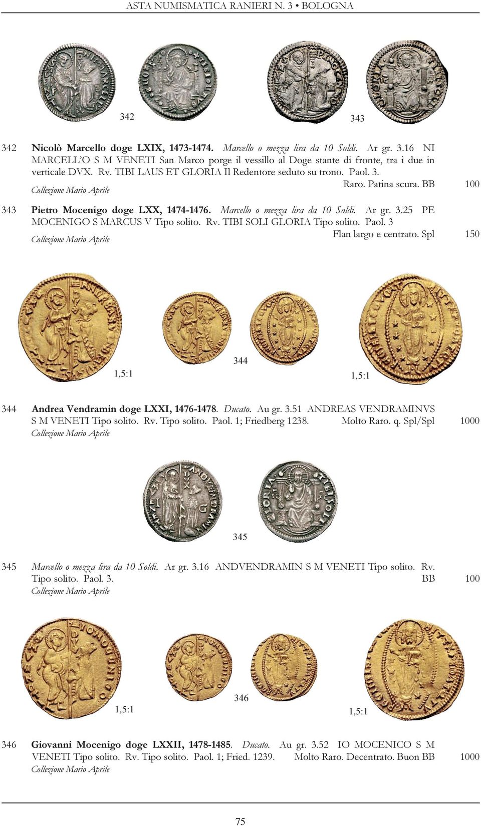 Rv. TIBI SOLI GLORIA Tipo solito. Paol. 3 Flan largo e centrato. Spl 150 344 344 Andrea Vendramin doge LXXI, 1476-1478. Ducato. Au gr. 3.51 ANDREAS VENDRAMINVS S M VENETI Tipo solito. Rv. Tipo solito. Paol. 1; Friedberg 1238.