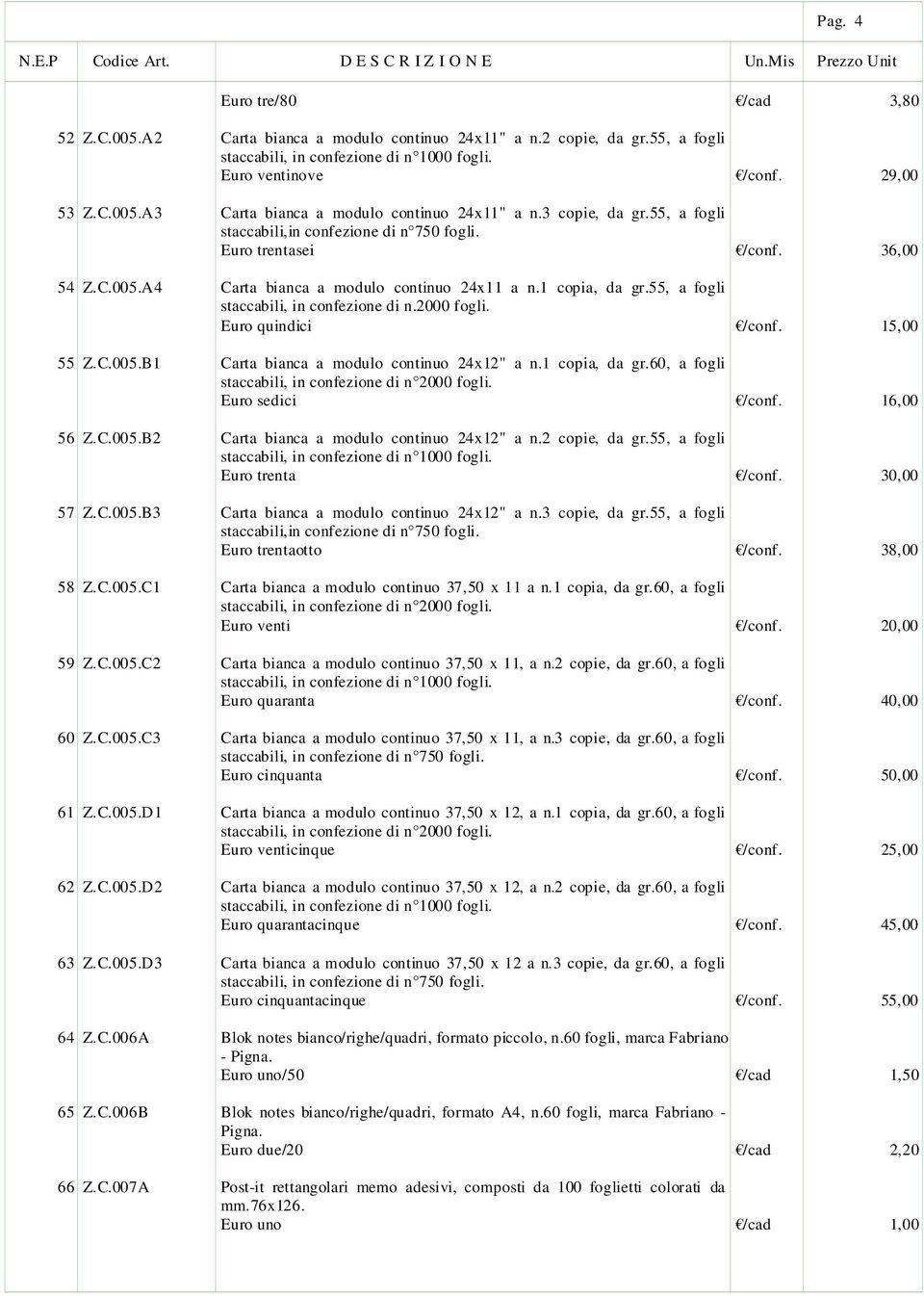 55, a fogli staccabili, in confezione di n.2000 fogli. Euro quindici /conf. 15,00 55 Z.C.005.B1 Carta bianca a modulo continuo 24x12" a n.1 copia, da gr.