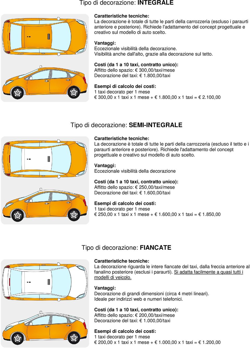 Affitto dello spazio: 300,00/taxi/mese Decorazione del taxi: 1.800,00/taxi 300,00 x 1 taxi x 1 mese + 1.800,00 x 1 taxi = 2.