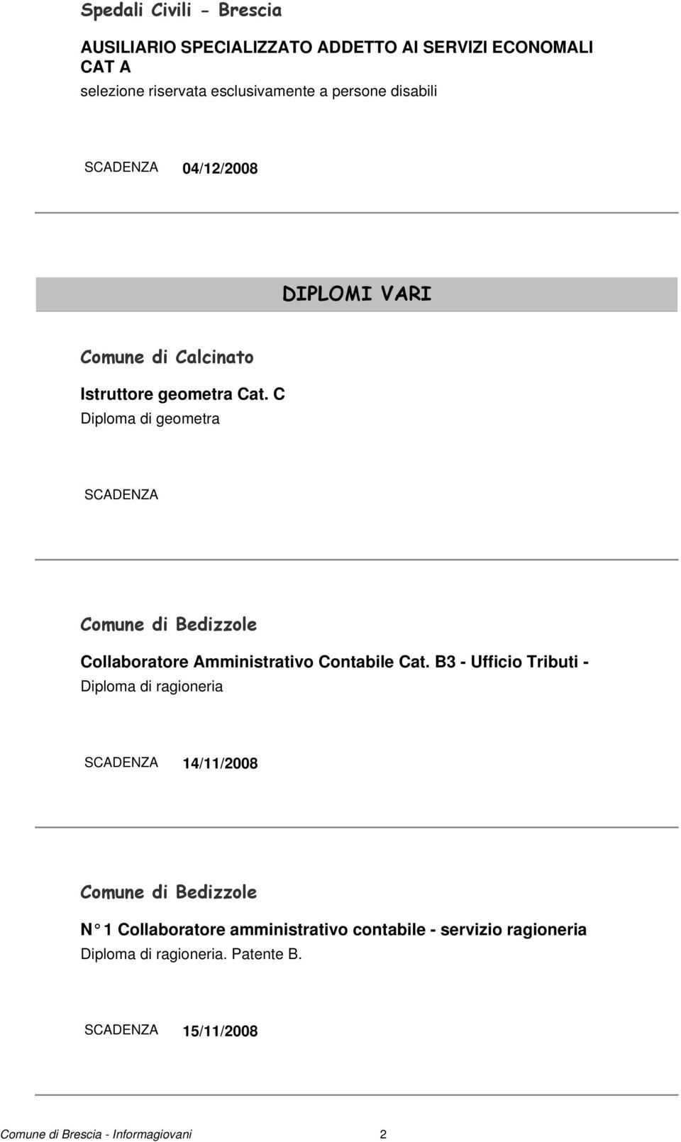 C Diploma di geometra SCADENZA Comune di Bedizzole Collaboratore Amministrativo Contabile Cat.