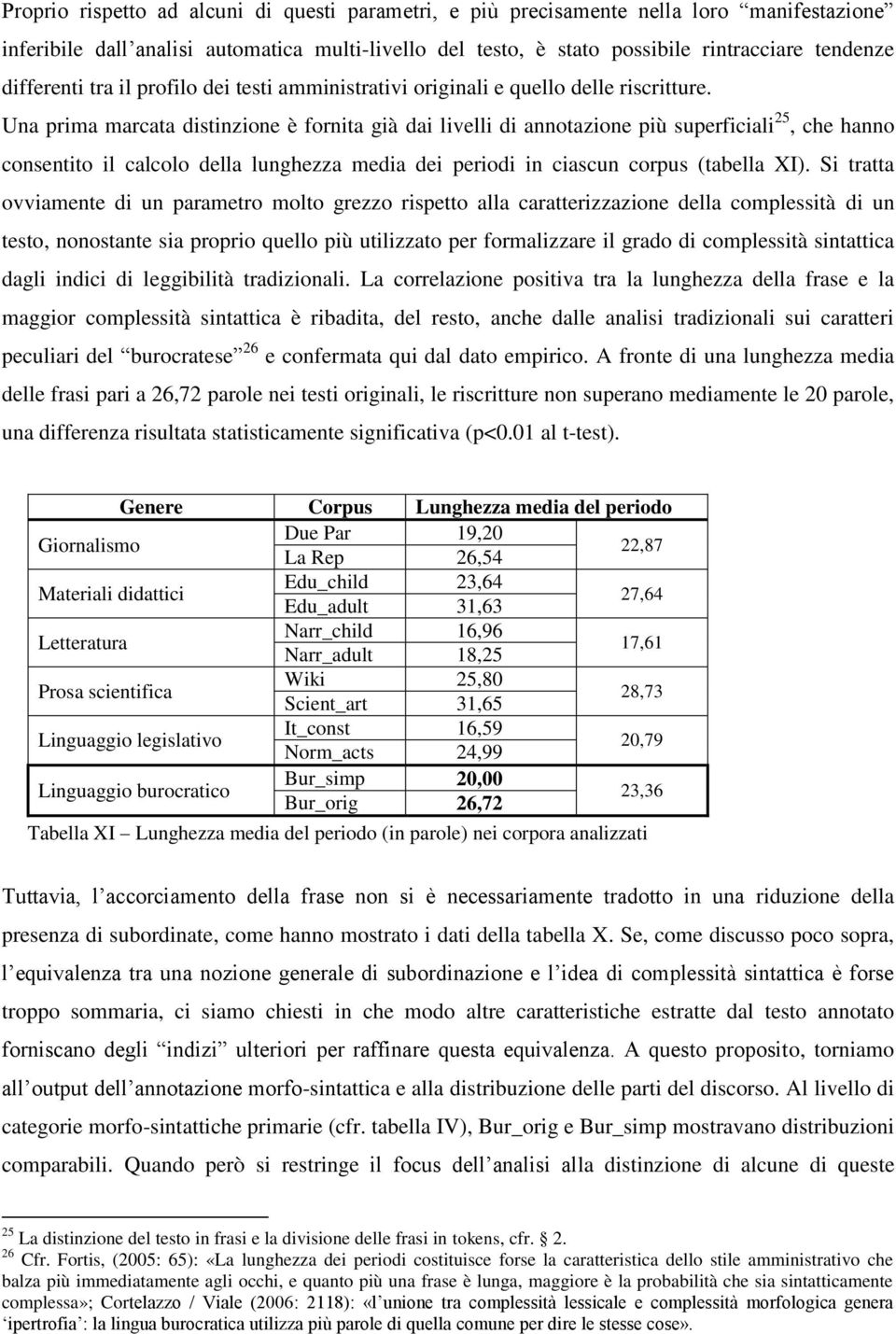 Una prima marcata distinzione è fornita già dai livelli di annotazione più superficiali 25, che hanno consentito il calcolo della lunghezza media dei periodi in ciascun corpus (tabella XI).