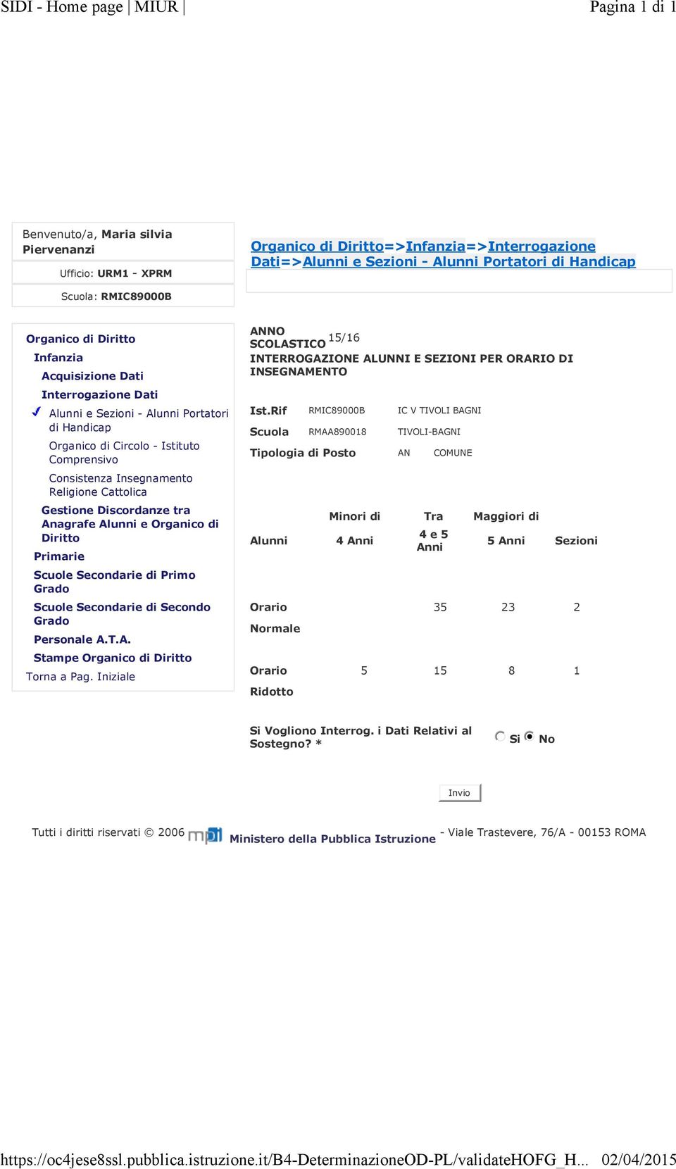 Rif RMIC89000B IC V TIVOLI BAGNI Scuola RMAA890018 TIVOLI-BAGNI Tipologia di Posto AN COMUNE