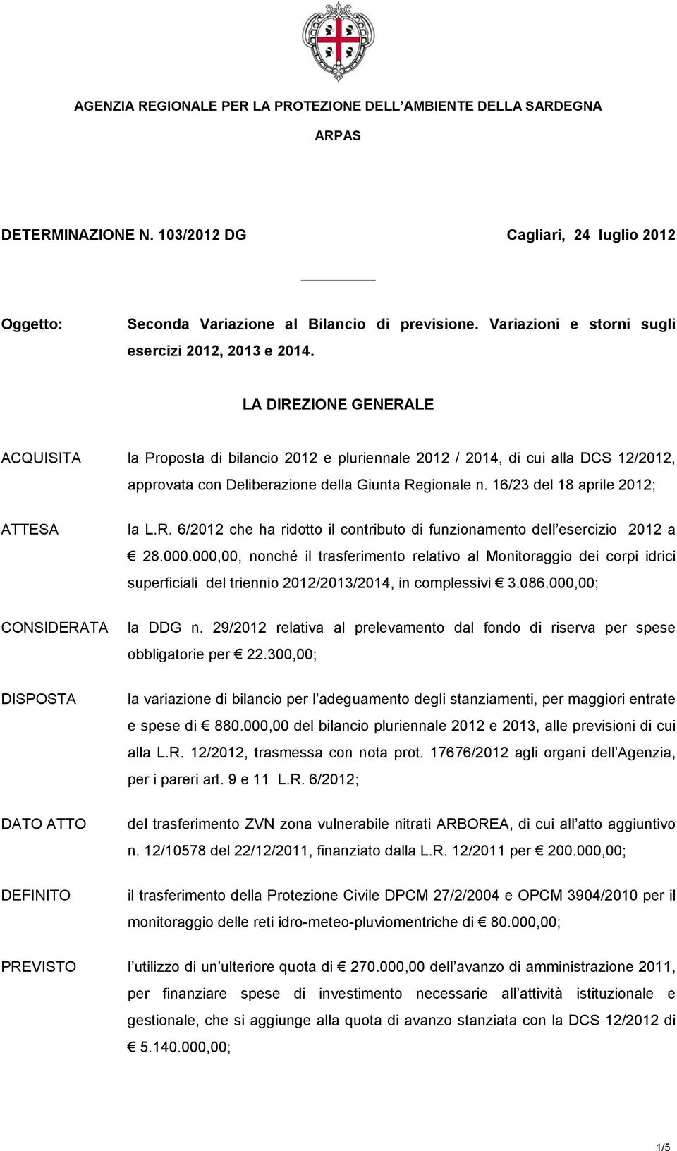 16/23 del 18 aprile 2012; ATTESA la L.R. 6/2012 che ha ridotto il contributo di funzionamento dell esercizio 2012 a 28.000.