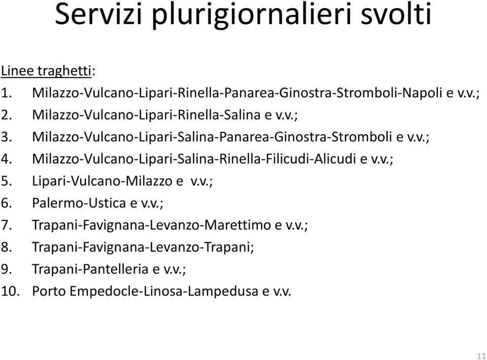 Milazzo-Vulcano-Lipari-Salina-Rinella-Filicudi-Alicudi e v.v.; 5. Lipari-Vulcano-Milazzo e v.v.; 6. Palermo-Ustica e v.v.; 7.