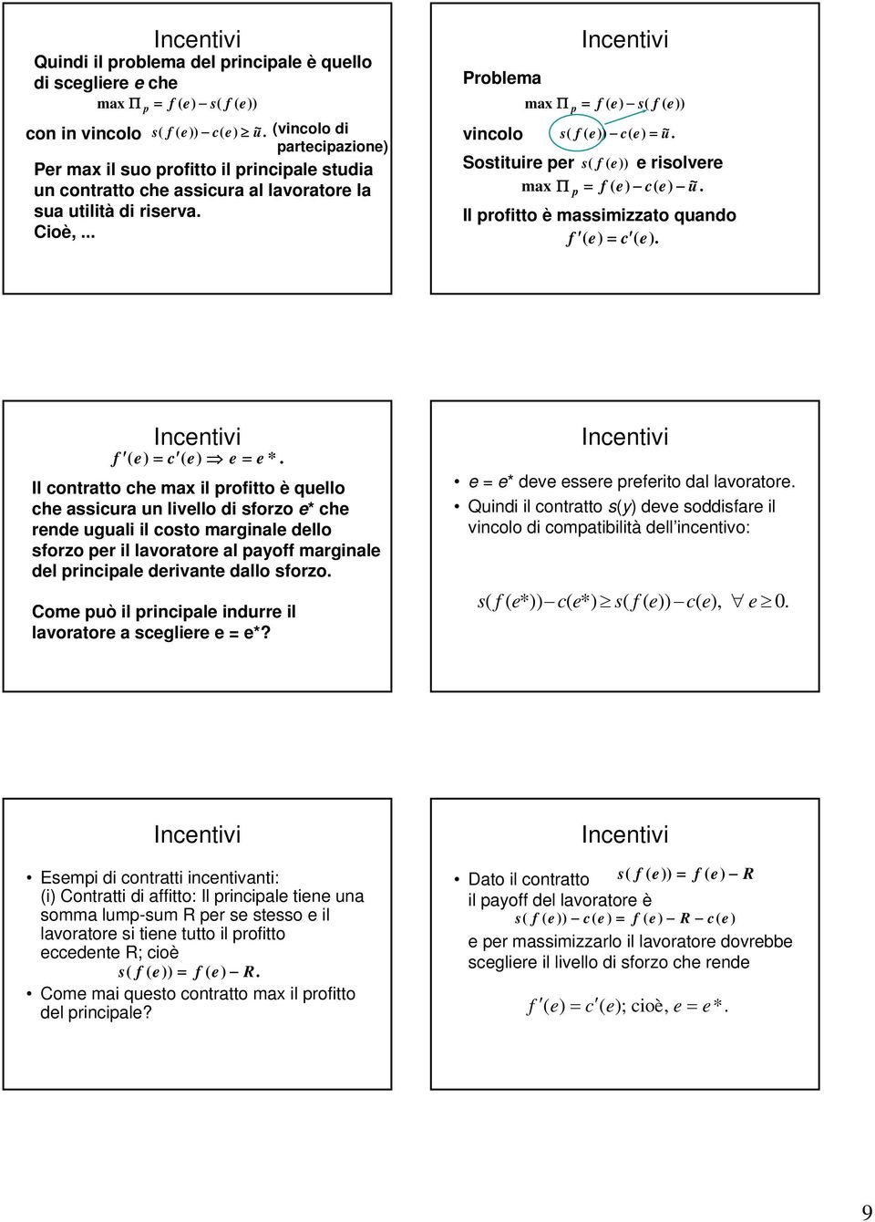 .. Problema max Π p = f ( e) s( f ( e)) vincolo s ( f ( e)) c( e) = u~. Sostituire per max Π p s( f ( e)) e risolvere = f ( e) c( e) u~. Il profitto è massimizzato quando f ( e) = c ( e).