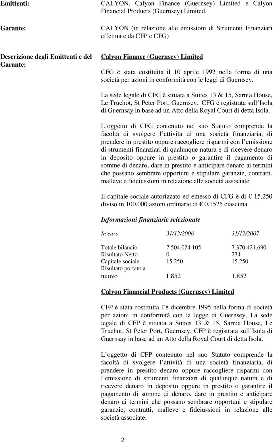 1992 nella forma di una società per azioni in conformità con le leggi di Guernsey. La sede legale di CFG è situata a Suites 13 & 15, Sarnia House, Le Truchot, St Peter Port, Guernsey.