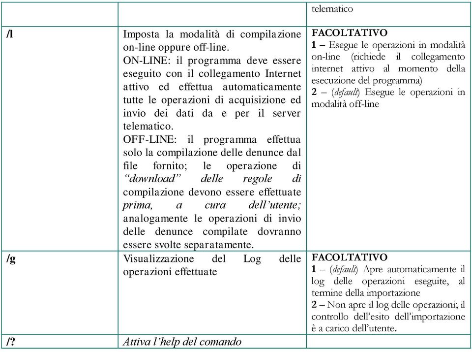 OFF-LINE: il programma effettua solo la compilazione delle denunce dal file fornito; le operazione di download delle regole di compilazione devono essere effettuate prima, a cura dell utente;