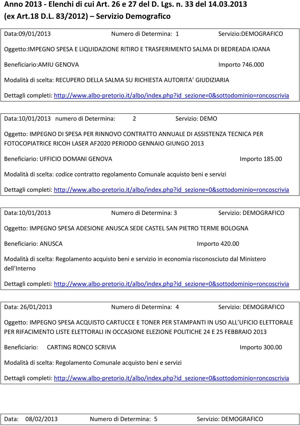 83/2012) Servizio Demografico Data:09/01/2013 Numero di Determina: 1 Servizio:DEMOGRAFICO Oggetto:IMPEGNO SPESA E LIQUIDAZIONE RITIRO E TRASFERIMENTO SALMA DI BEDREADA IOANA Beneficiario:AMIU GENOVA