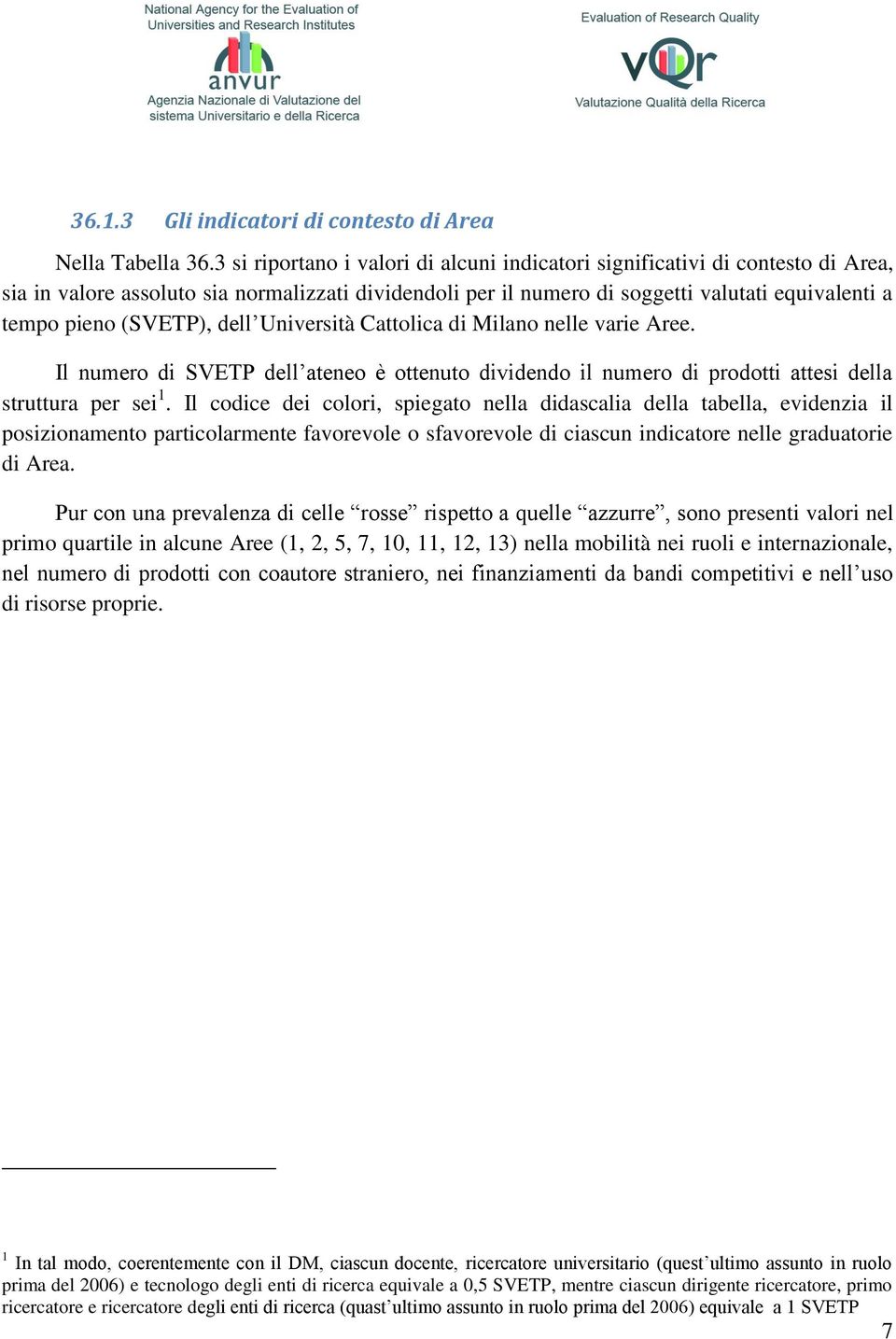 (SVETP), dell Università Cattolica di Milano nelle varie Aree. Il numero di SVETP dell ateneo è ottenuto dividendo il numero di prodotti attesi della struttura per sei 1.