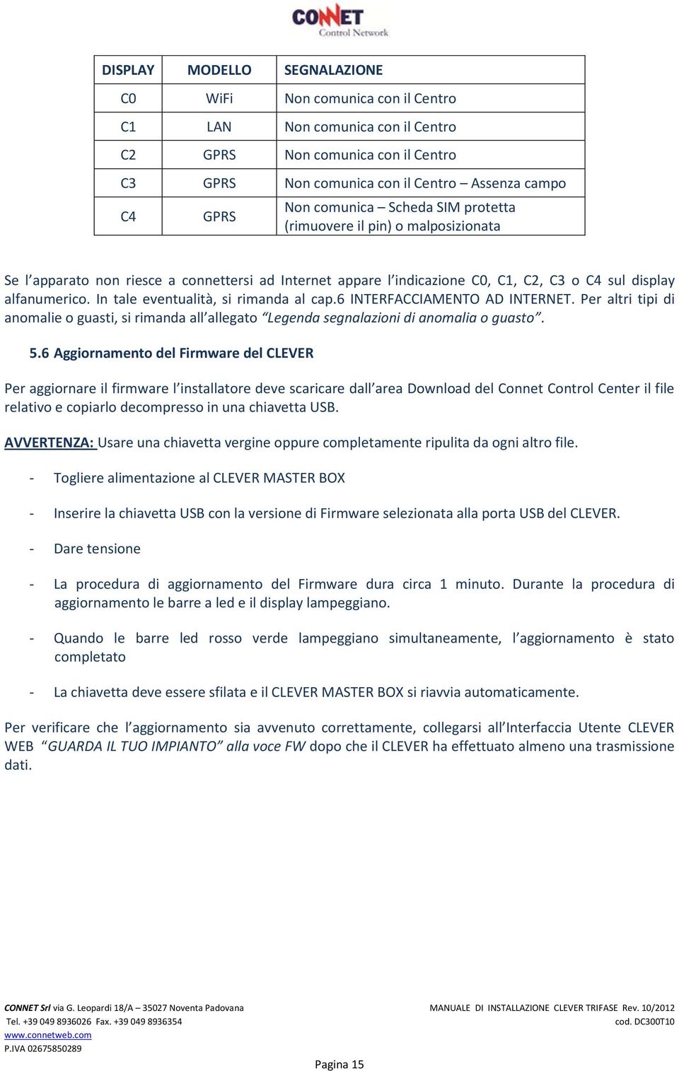 In tale eventualità, si rimanda al cap.6 INTERFACCIAMENTO AD INTERNET. Per altri tipi di anomalie o guasti, si rimanda all allegato Legenda segnalazioni di anomalia o guasto. 5.