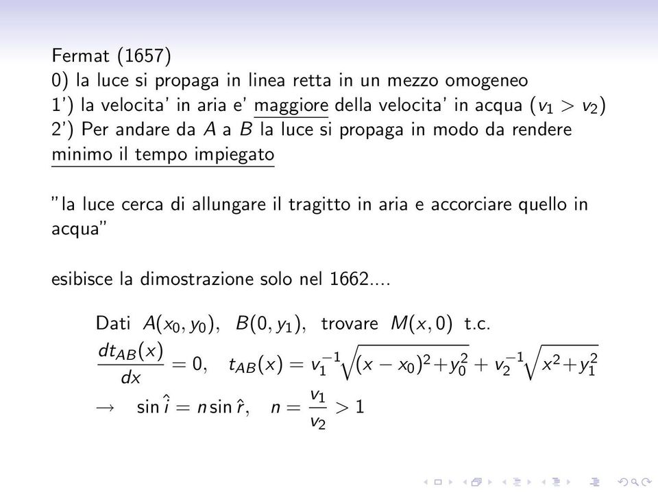 allungare il tragitto in aria e accorciare quello in acqua esibisce la dimostrazione solo nel 1662.