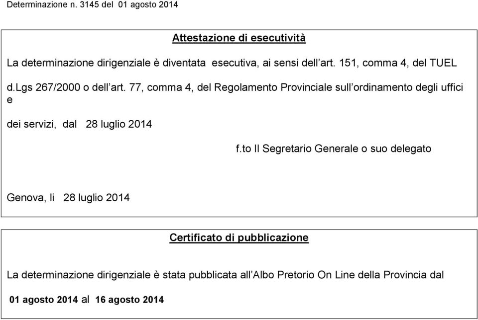 77, comma 4, del Regolamento Provinciale sull ordinamento degli uffici e dei servizi, dal 28 luglio 2014 f.