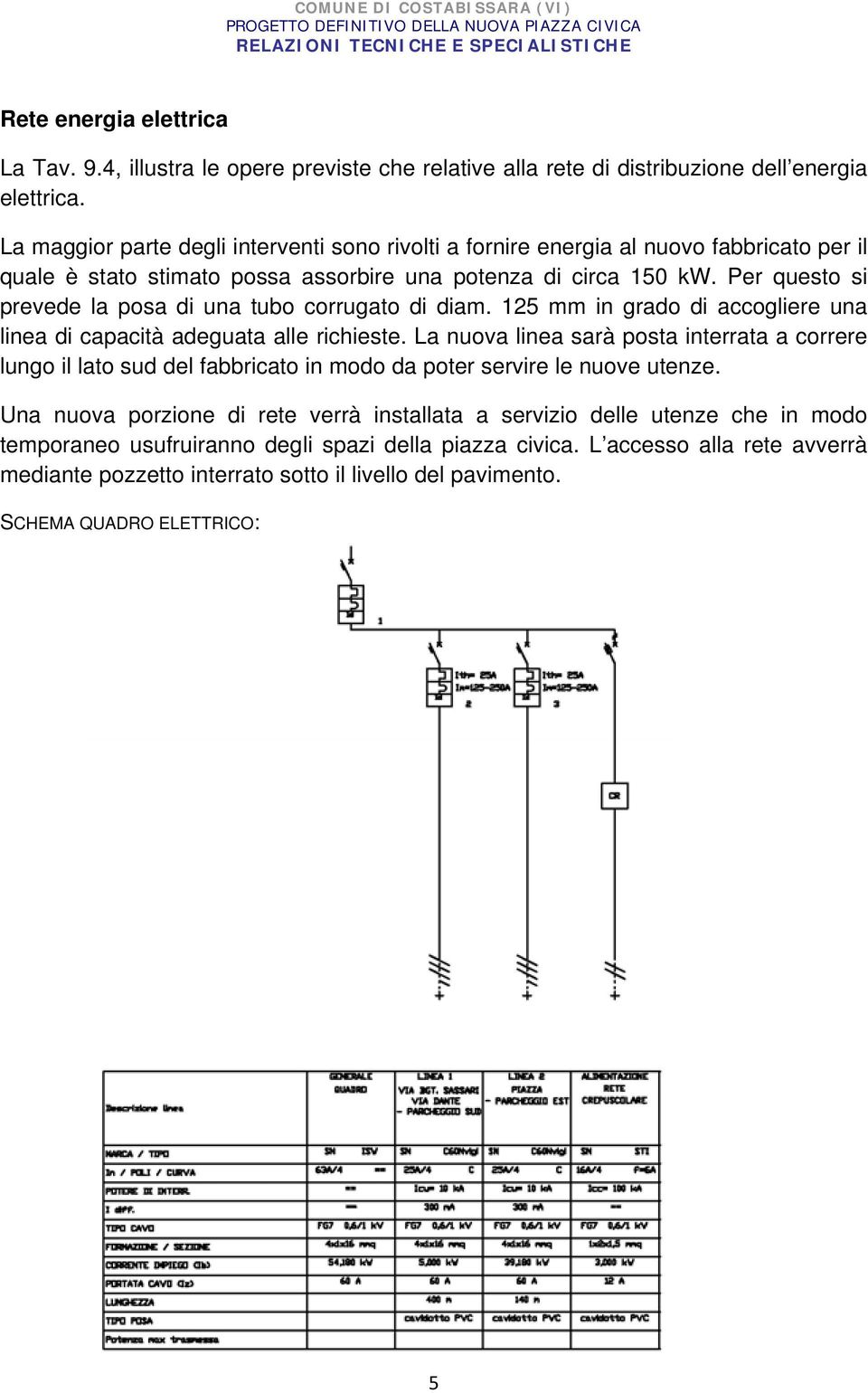 Per questo si prevede la posa di una tubo corrugato di diam. 125 mm in grado di accogliere una linea di capacità adeguata alle richieste.