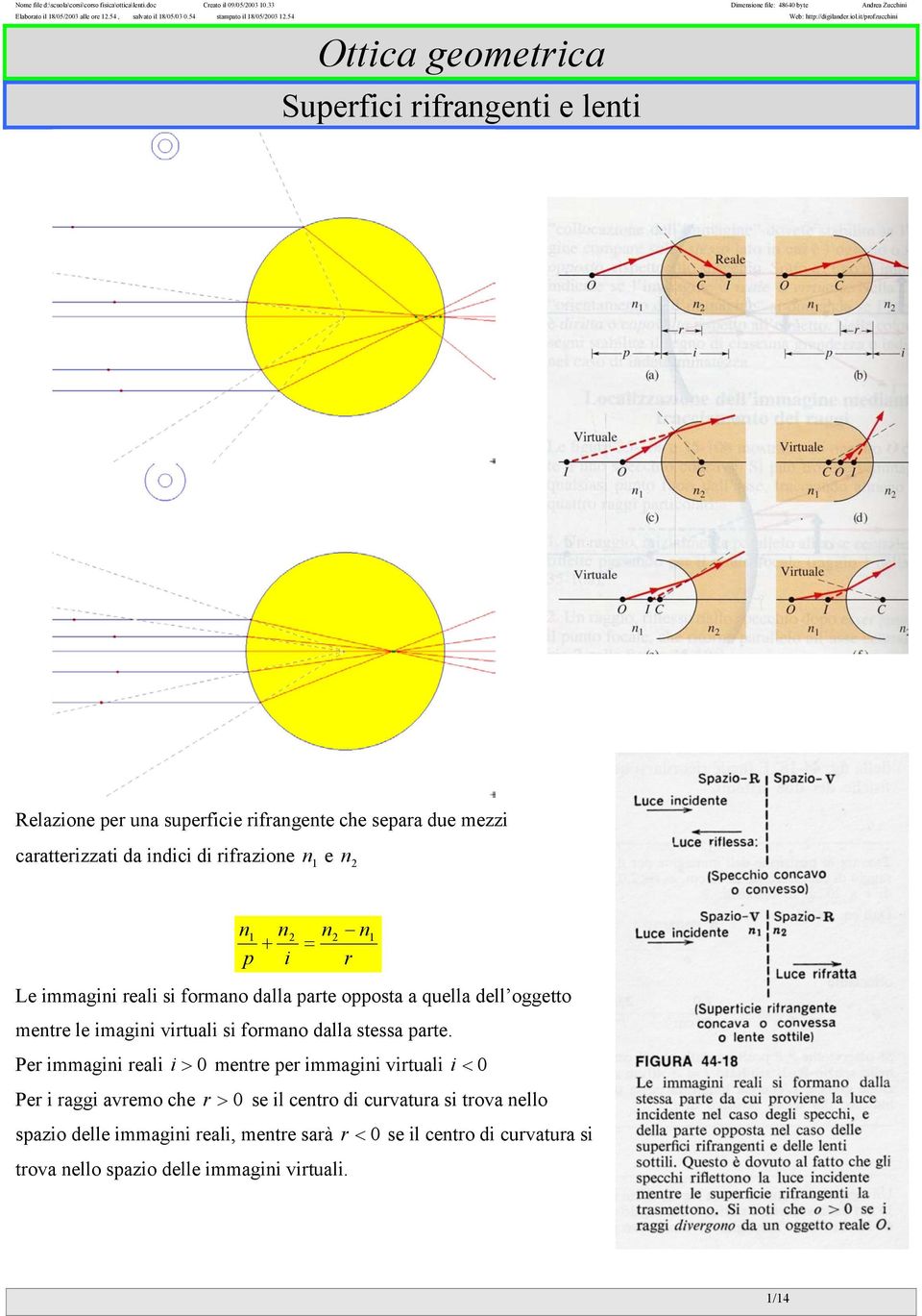 it/prozucchini Ottica geometrica Superici rirangenti e lenti Relazione per una supericie rirangente che separa due mezzi caratterizzati da indici di rirazione n e n n n n n + = p i r Le immagini