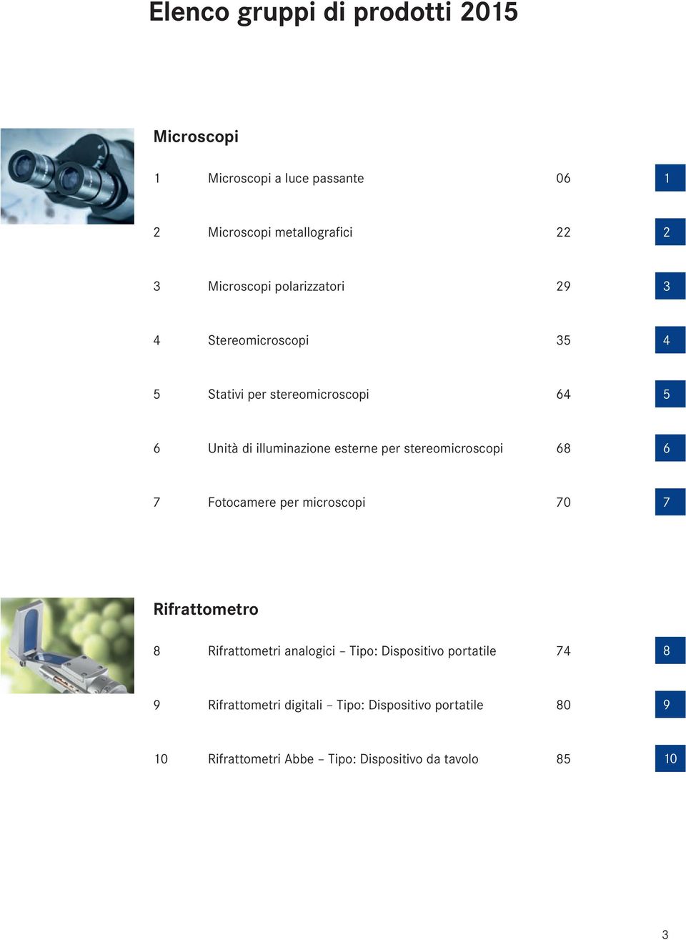 esterne per stereomicroscopi 68 6 7 Fotocamere per microscopi 70 7 Rifrattometro 8 Rifrattometri analogici Tipo: