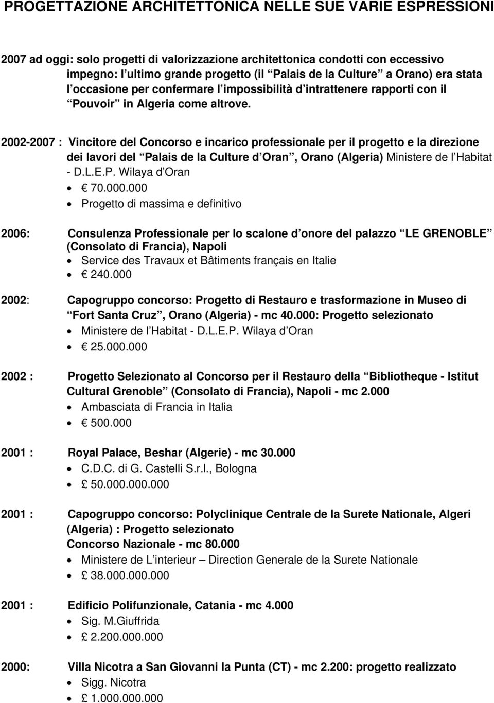 2002-2007 : Vincitore del Concorso e incarico professionale per il progetto e la direzione dei lavori del Palais de la Culture d Oran, Orano (Algeria) Ministere de l Habitat - D.L.E.P. Wilaya d Oran 70.