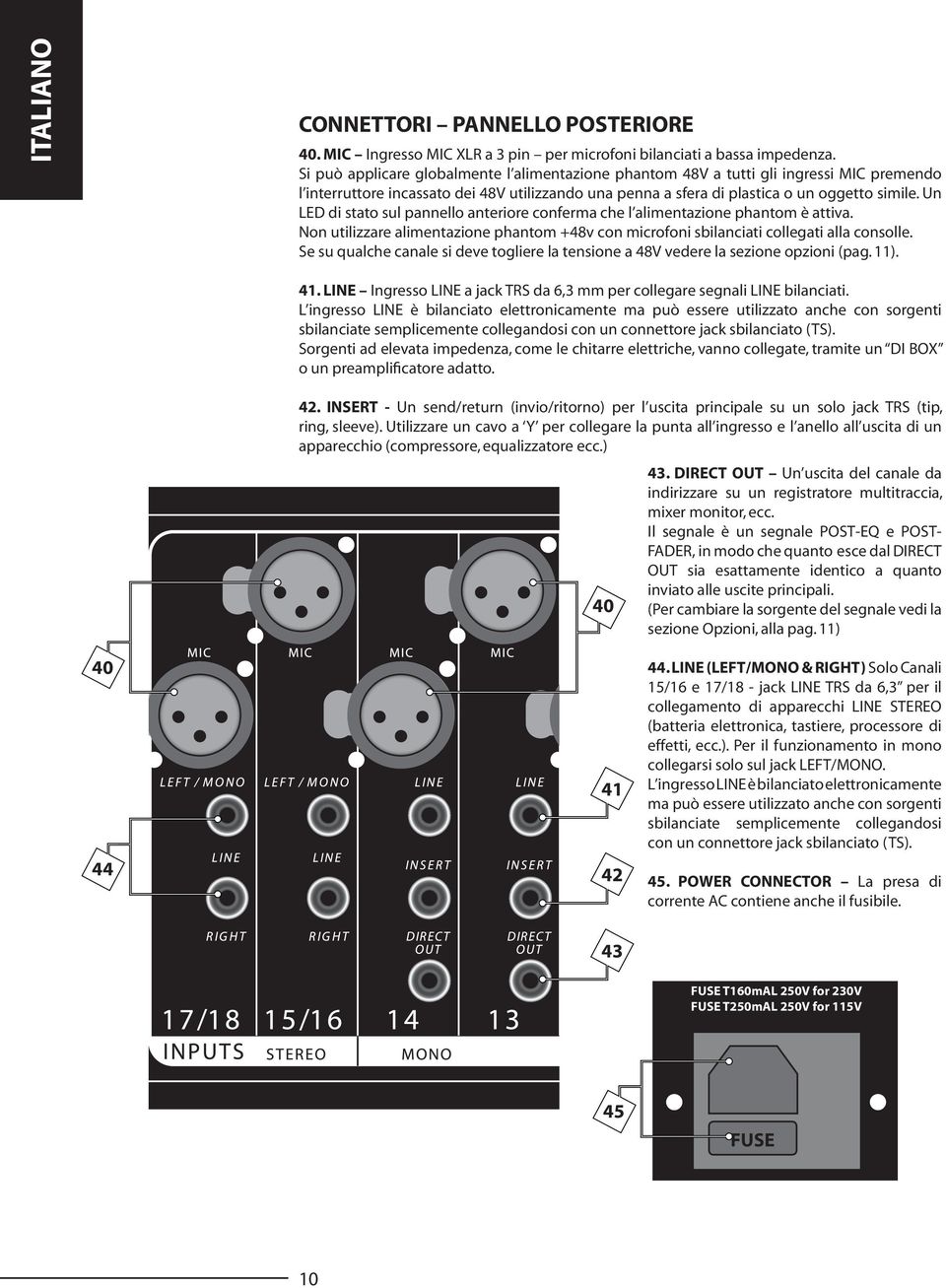 Un LED di stato sul pannello anteriore conferma che l alimentazione phantom è attiva. Non utilizzare alimentazione phantom +48v con microfoni sbilanciati collegati alla consolle.