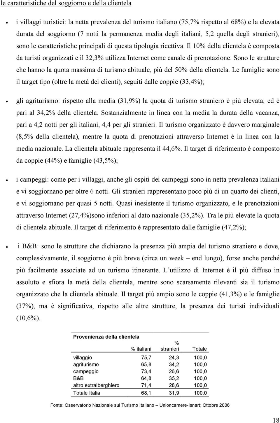 Il 10 della clientela è composta da turisti organizzati e il 32,3 utilizza Internet come canale di prenotazione.