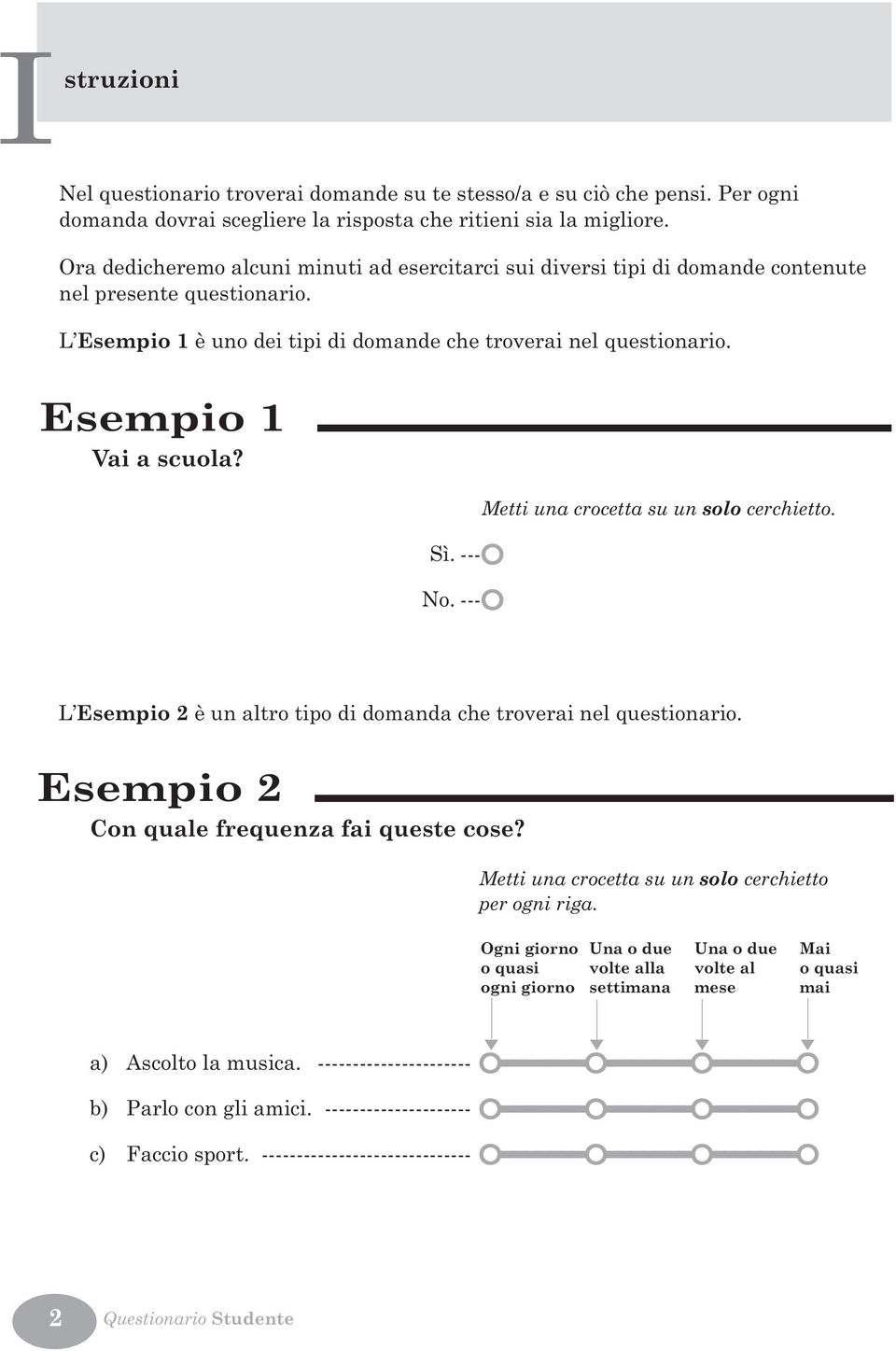 Sì. ---Ó No. ---Ó. L Esempio è un altro tipo di domanda che troverai nel questionario. Esempio Con quale frequenza fai queste cose?