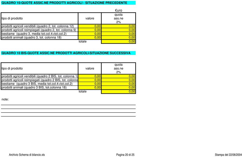 colonna 18),, totale, QUADRO 1 BIS-QUOTE ASSIC.NE PRODOTTI AGRICOLI-SITUAZIONE SUCCESSIVA quota tipo di prodotto valore ass.ne 2% prodotti agricoli vendibili (quadro 2 BIS, tot.