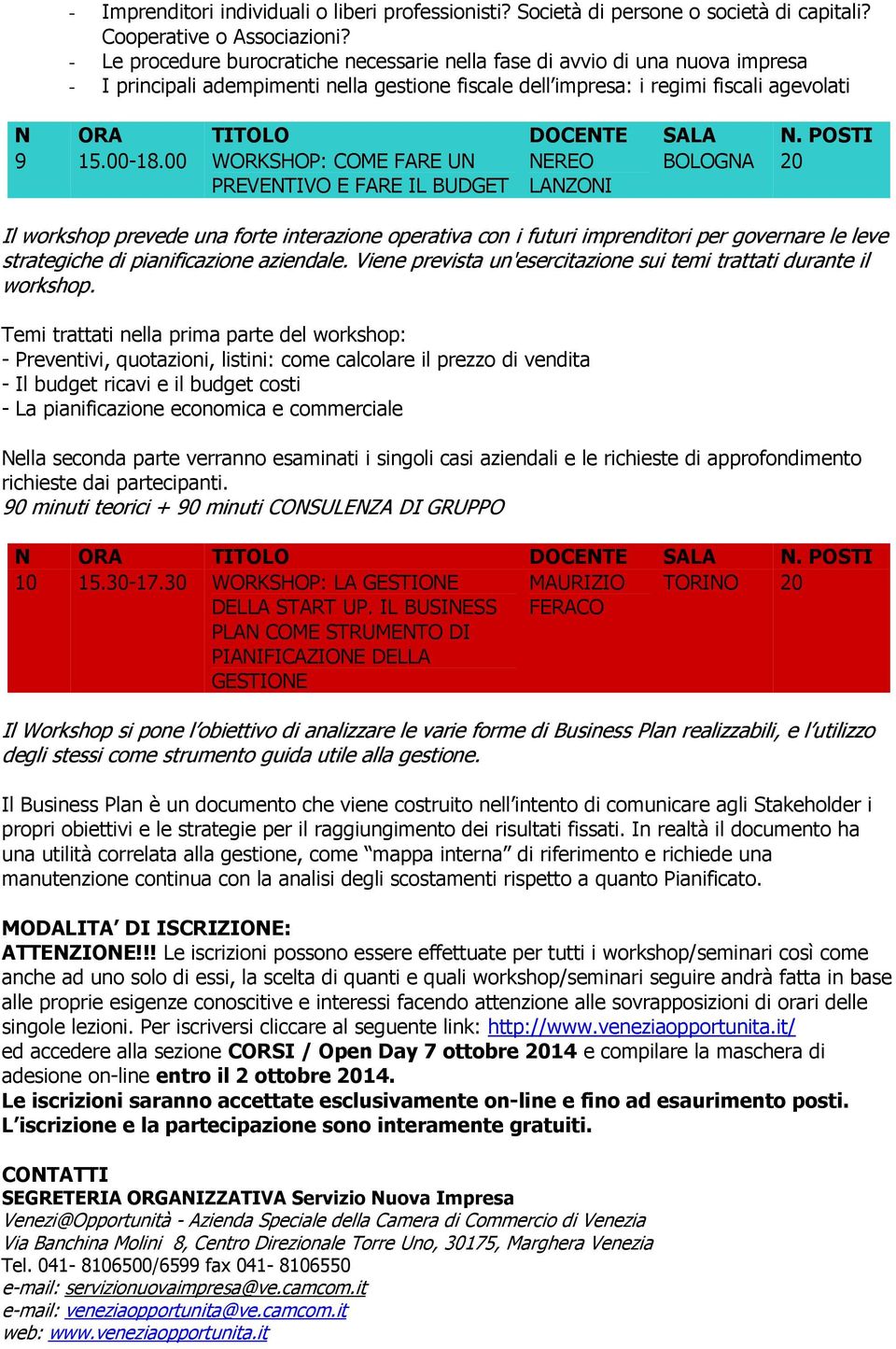 00 WORKSHOP: COME FARE UN NEREO BOLOGNA 20 PREVENTIVO E FARE IL BUDGET LANZONI Il workshop prevede una forte interazione operativa con i futuri imprenditori per governare le leve strategiche di