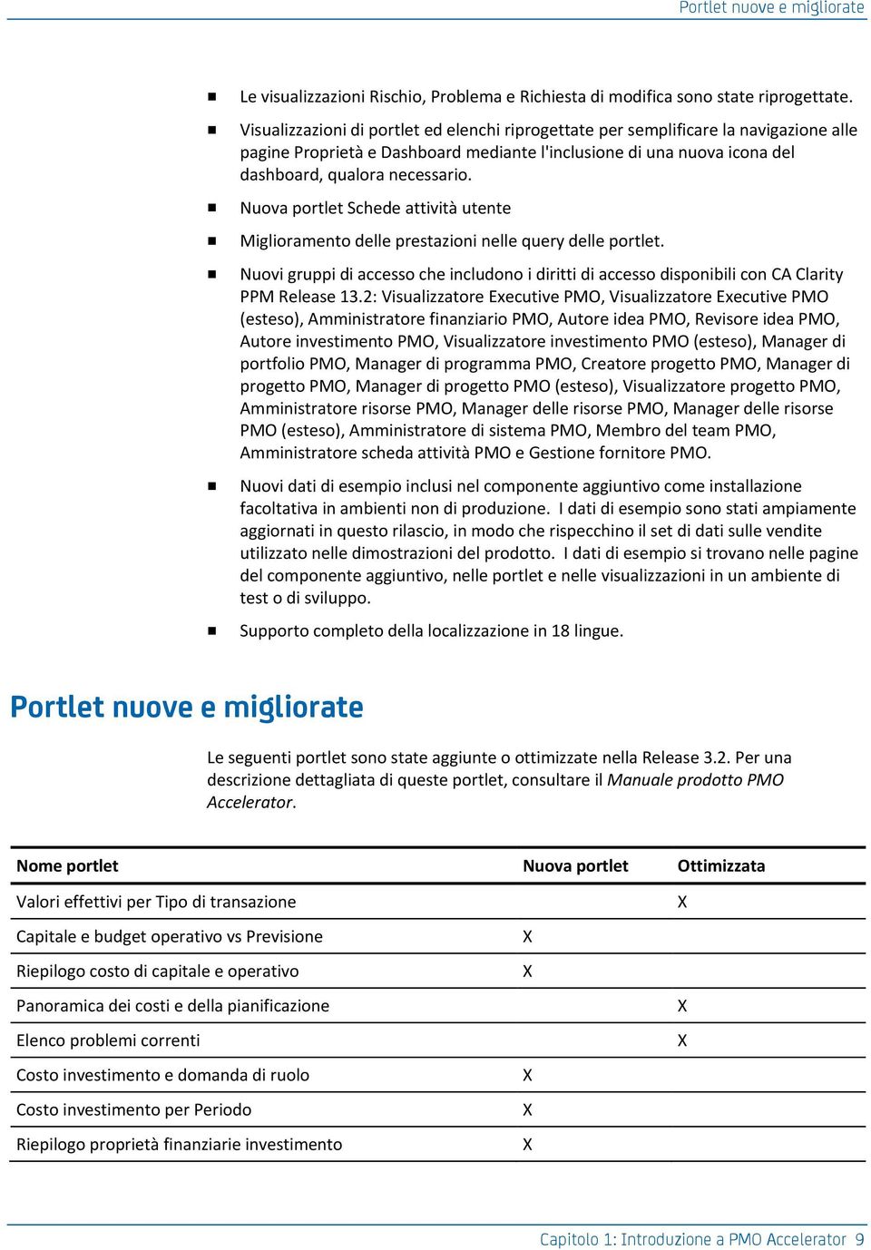 Nuova portlet Schede attività utente Miglioramento delle prestazioni nelle query delle portlet. Nuovi gruppi di accesso che includono i diritti di accesso disponibili con CA Clarity PPM elease 13.