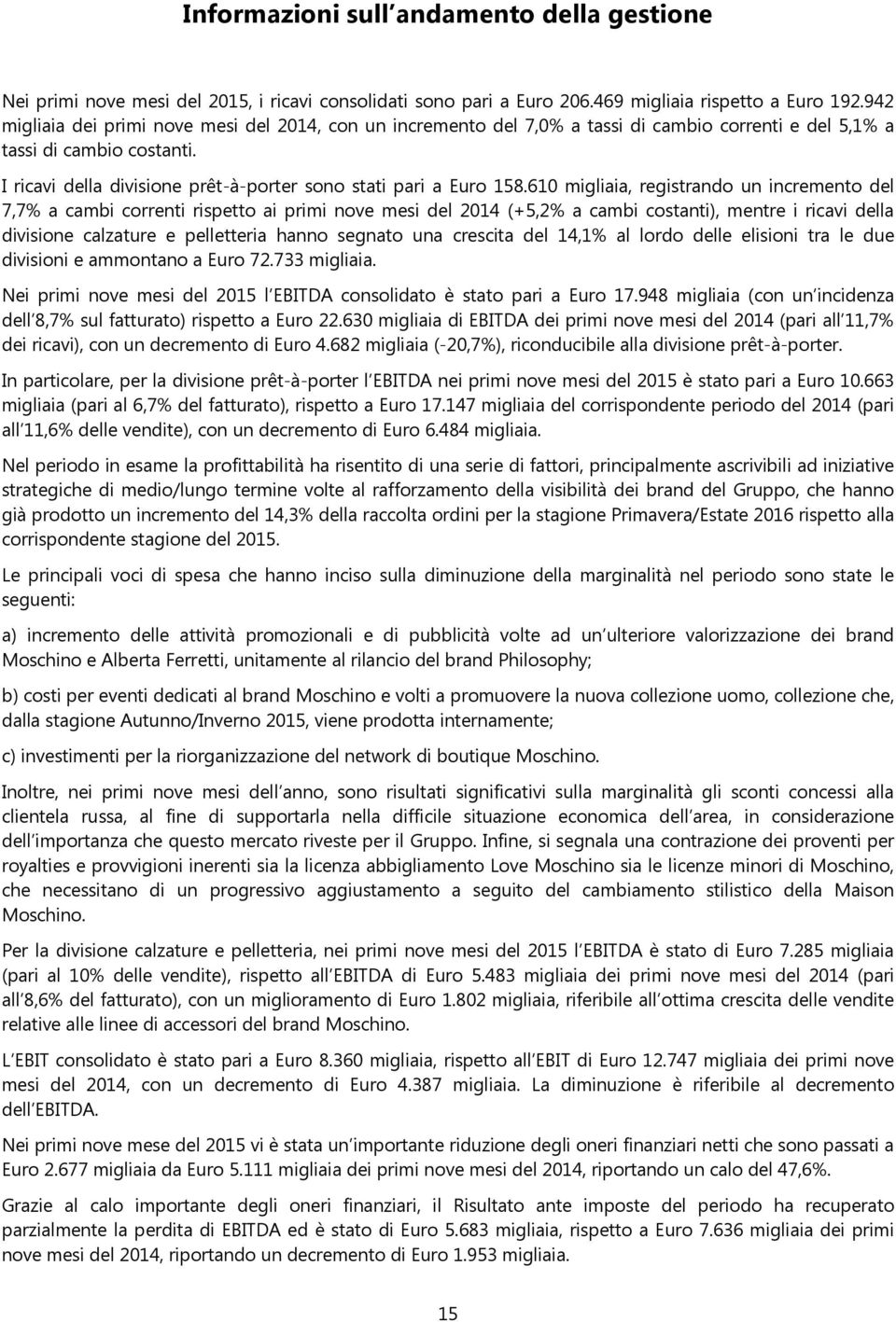 I ricavi della divisione prêt-à-porter sono stati pari a Euro 158.