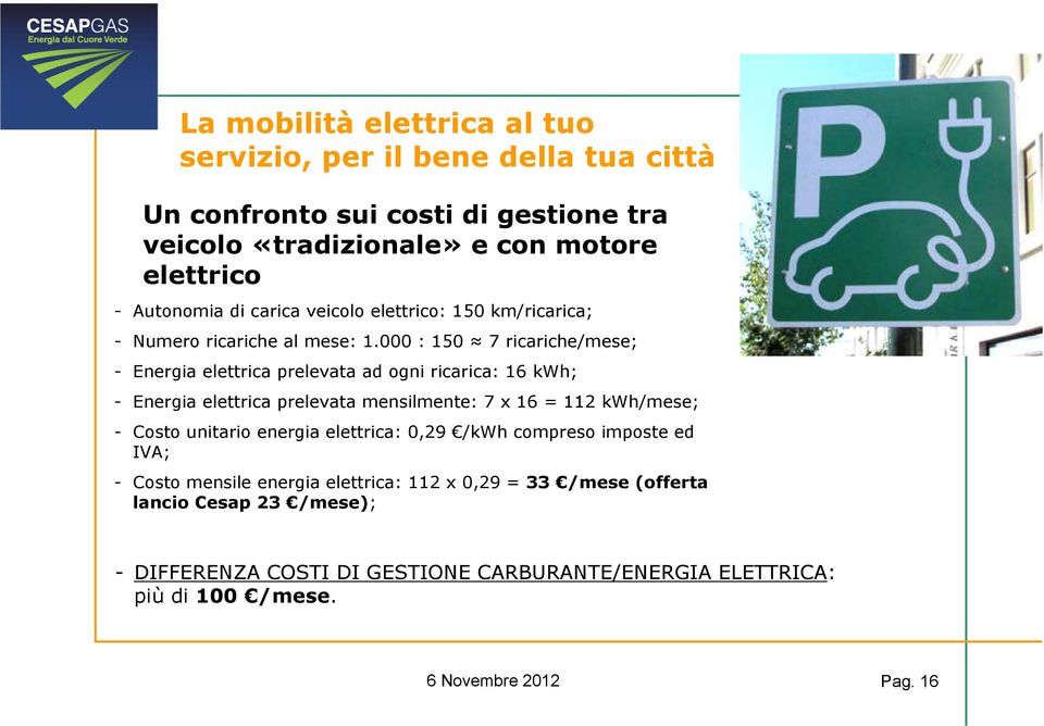 000 : 150 H 7 ricariche/mese; - Energia elettrica prelevata ad ogni ricarica: 16 kwh; - Energia elettrica prelevata mensilmente: 7 x 16 = 112 kwh/mese;