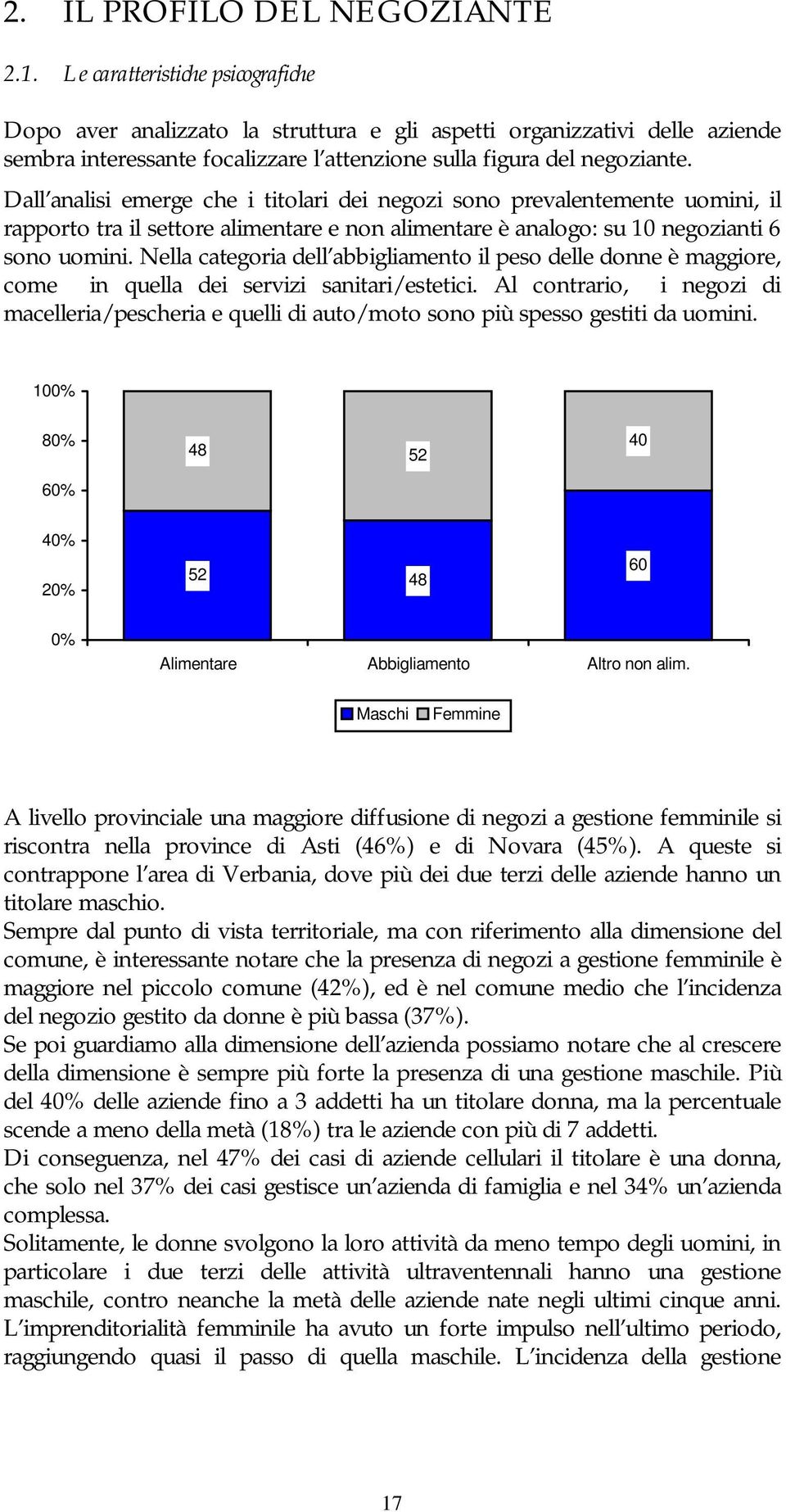 Dall analisi emerge che i titolari dei negozi sono prevalentemente uomini, il rapporto tra il settore alimentare e non alimentare è analogo: su 10 negozianti 6 sono uomini.