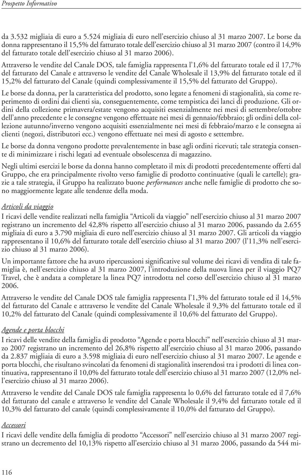 Attraverso le vendite del Canale DOS, tale famiglia rappresenta l 1,6% del fatturato totale ed il 17,7% del fatturato del Canale e attraverso le vendite del Canale Wholesale il 13,9% del fatturato