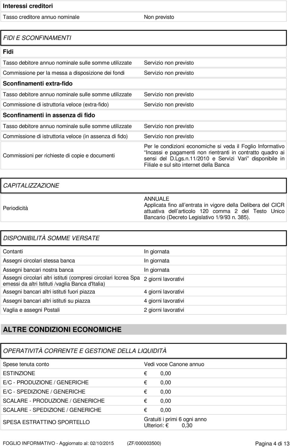 utilizzate Commissione di istruttoria veloce (in assenza di fido) Commissioni per richieste di copie e documenti Per le condizioni economiche si veda il Foglio Informativo Incassi e pagamenti non