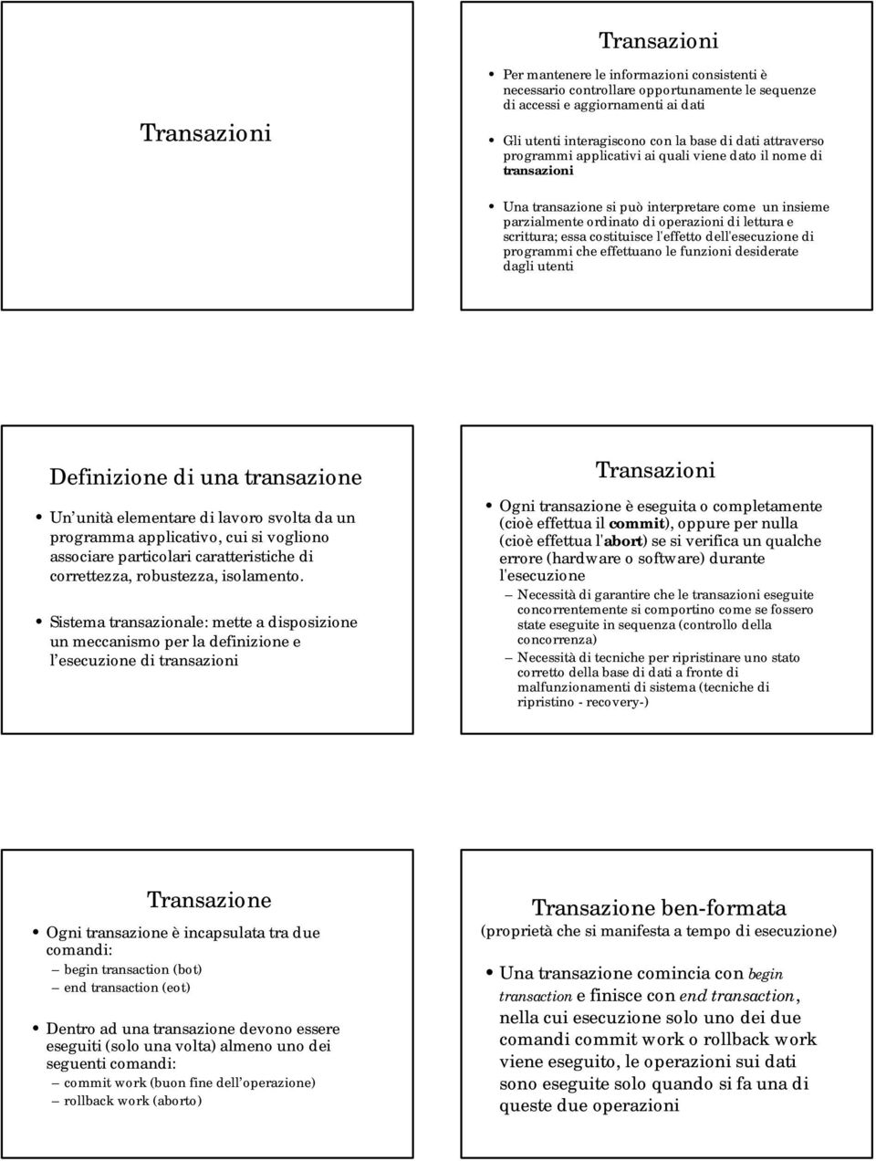 costituisce l'effetto dell'esecuzione di programmi che effettuano le funzioni desiderate dagli utenti Definizione di una transazione Un unità elementare di lavoro svolta da un programma applicativo,