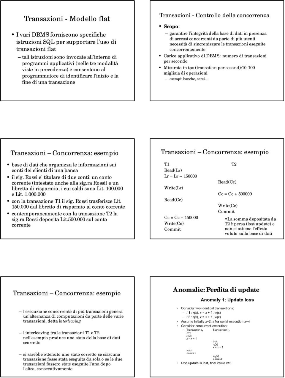 dati in presenza di accessi concorrenti da parte di più utenti necessità di sincronizzare le transazioni eseguite concorrentemente Carico applicativo di DBMS : numero di transazioni per secondo