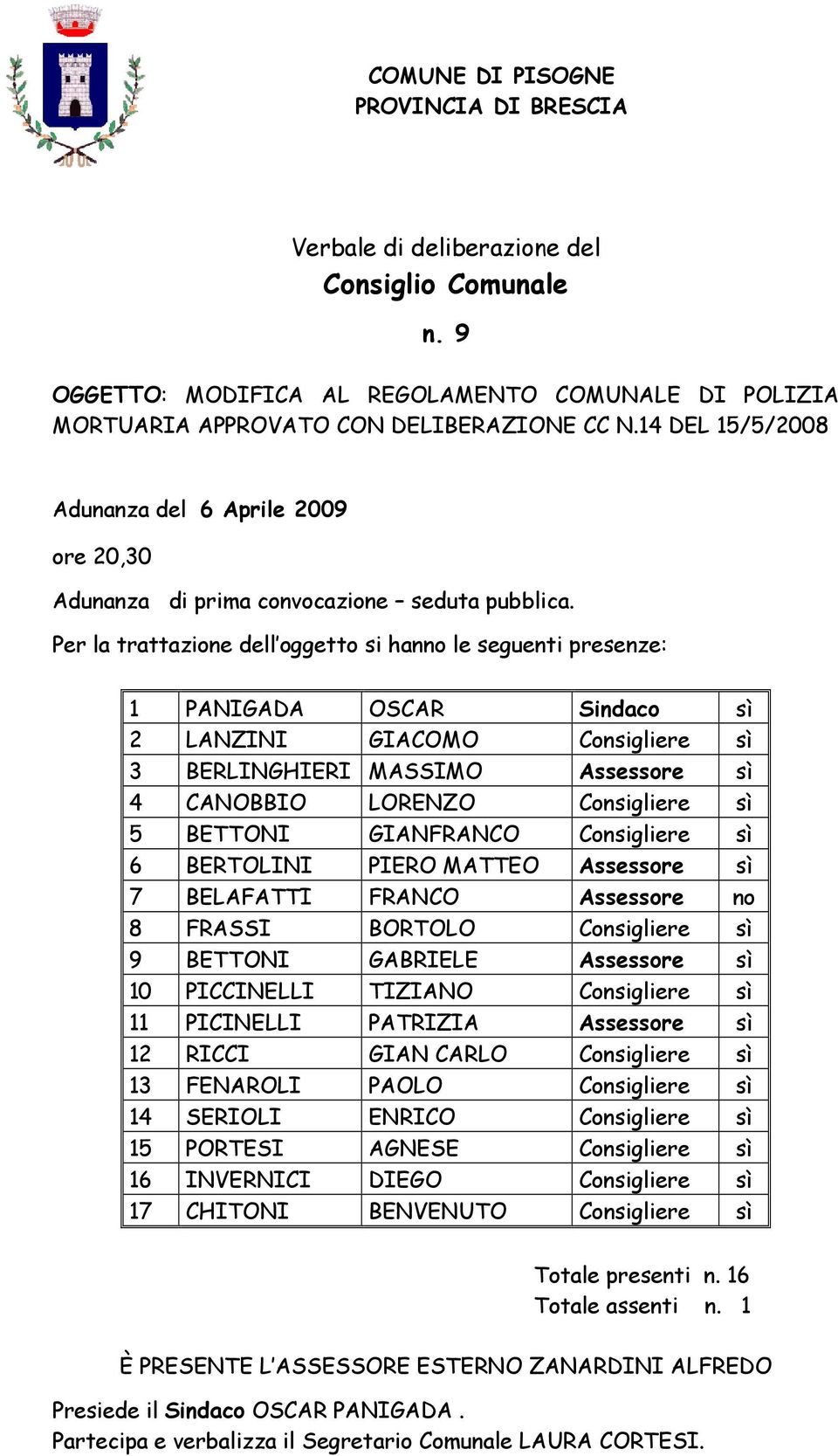 Per la trattazione dell oggetto si hanno le seguenti presenze: 1 PANIGADA OSCAR Sindaco sì 2 LANZINI GIACOMO Consigliere sì 3 BERLINGHIERI MASSIMO Assessore sì 4 CANOBBIO LORENZO Consigliere sì 5