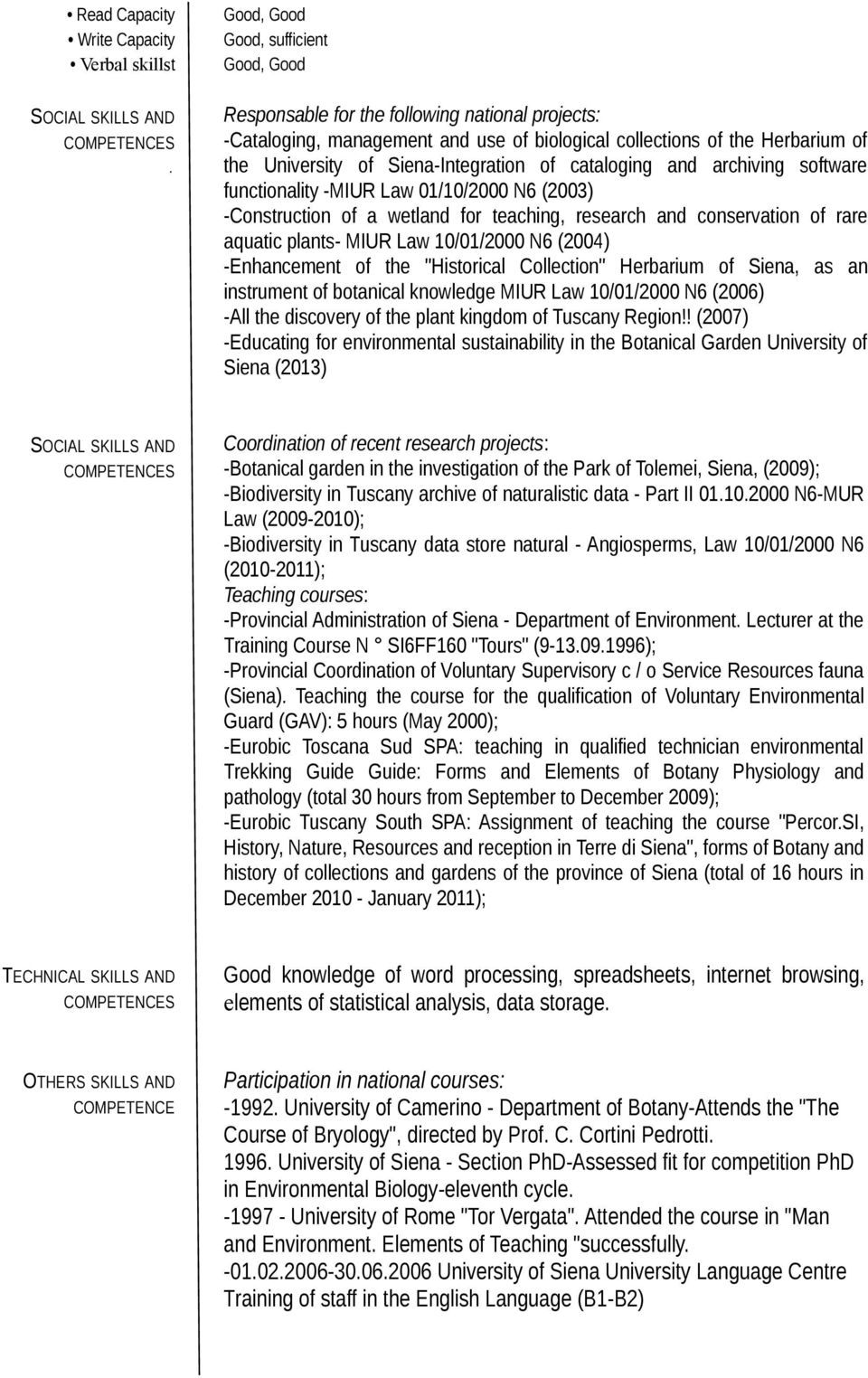 Siena-Integration of cataloging and archiving software functionality -MIUR Law 01/10/2000 N6 (2003) -Construction of a wetland for teaching, research and conservation of rare aquatic plants- MIUR Law