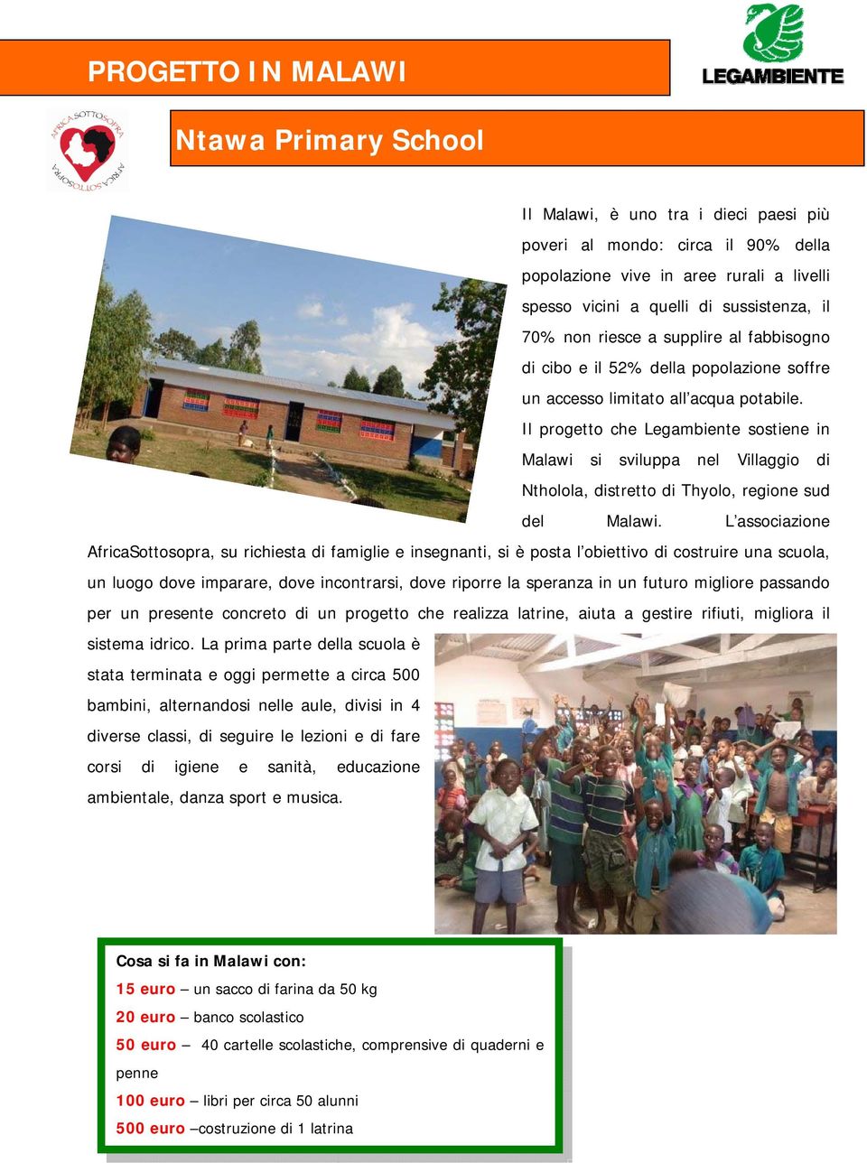 Il progetto che Legambiente sostiene in Malawi si sviluppa nel Villaggio di Ntholola, distretto di Thyolo, regione sud del Malawi.