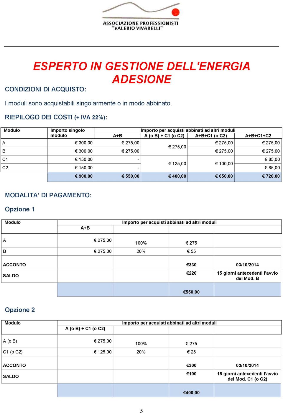 150,00-85,00 125,00 100,00 C2 150,00-85,00 900,00 550,00 00,00 650,00 720,00 MODALITA DI PAGAMENTO: Opzione 1 A+B A 275,00 100% 275 B 275,00 20% 55 ACCONTO 330 03/10/201