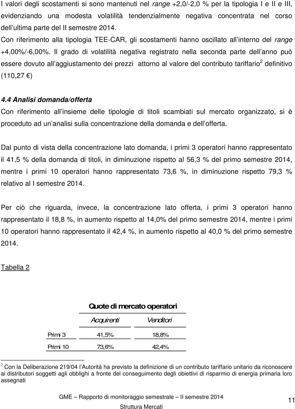 Il grado di volatilità negativa registrato nella seconda parte dell anno può essere dovuto all aggiustamento dei prezzi attorno al valore del contributo tariffario 2 definitivo (110,27 ) 4.