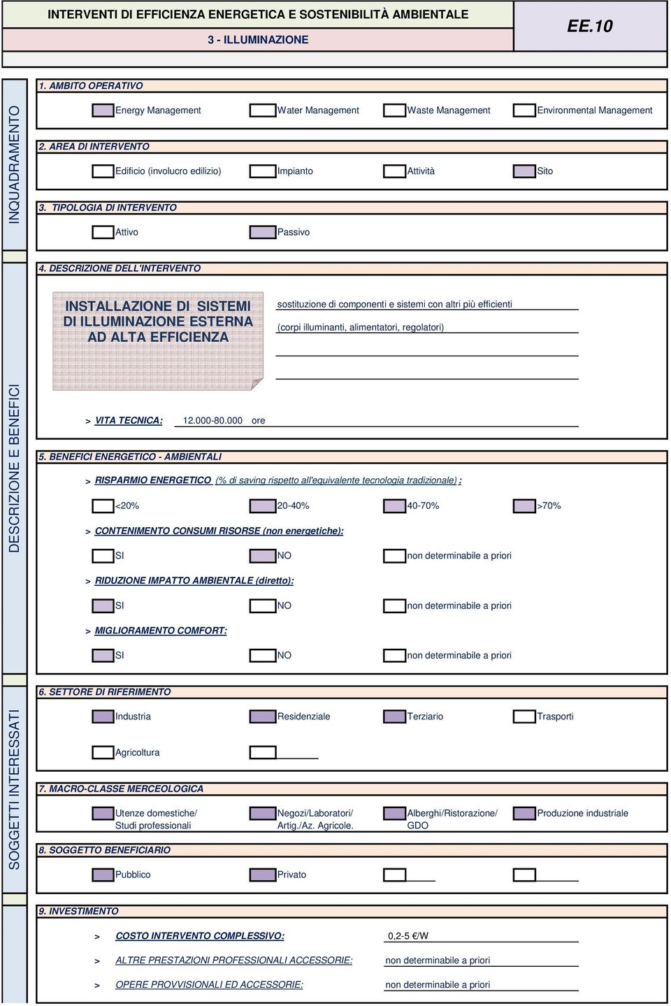 DESCRIZIONE DELL'INTERVENTO INSTALLAZIONE DI SISTEMI DI ILLUMINAZIONE ESTERNA AD ALTA EFFICIENZA sostituzione di componenti e sistemi con altri più efficienti (corpi illuminanti, alimentatori,