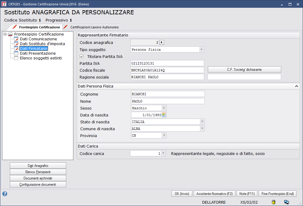 Frontespizio: videata Dati Sostituto di Imposta : Verificare i dati del sostituto.