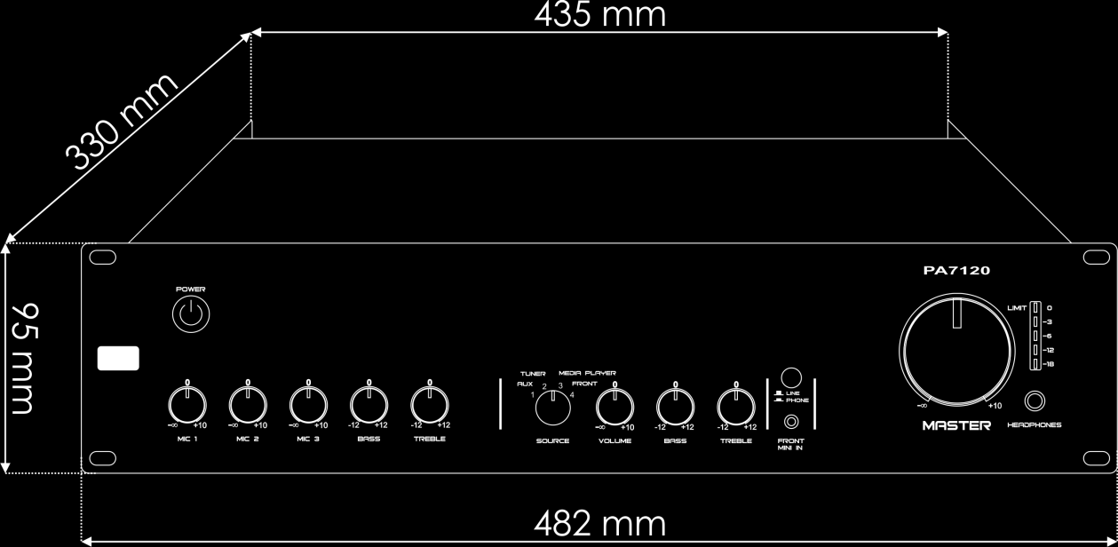 Specifiche tecniche del prodotto Uscite Consumo di corrente: 120W Zone: 1 100V & 8Ω: Terminali Uscita di linea: XLR Loop through: RCA Cuffie: jack da 6,3 mm Ingressi 3 x Mic/Linea: XLR/jack combo &