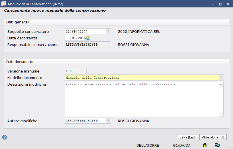 Cliccare su Nuovo (F4) e compilare i campi per generare il manuale derivato da modello: Premere Salva (End), la procedura genera il