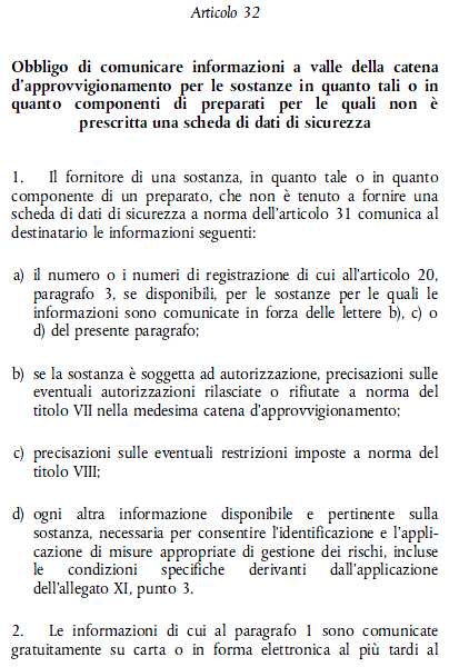 Informazioni anche per SOSTANZE NON PERICOLOSE come tali o in preparati, non nel formato SDS