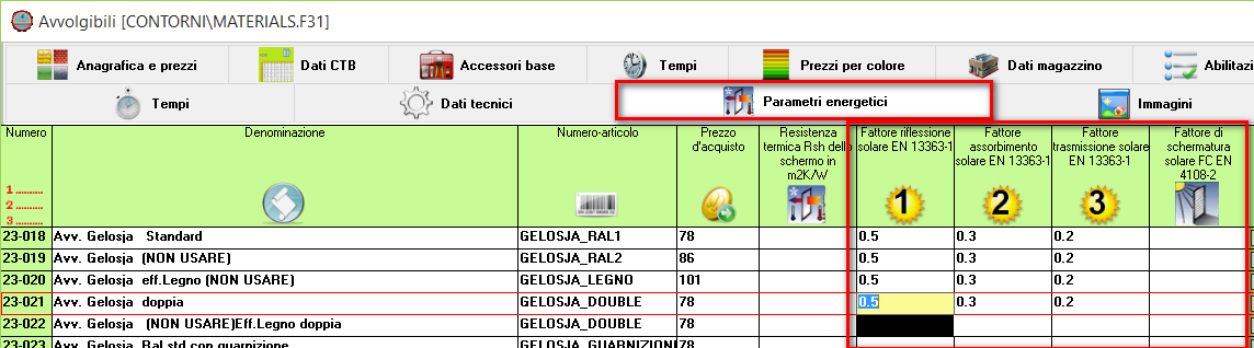 Selezione sulle singole posizioni Si può modificare il tipo di schermo anche sulle singole posizioni, nella maschere di selezione dei vetri.