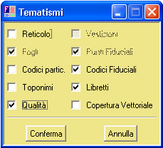 GUIDA OPERATIVA DEL SISTEMA DI GESTIONE DELLA Pag. 24 di 254 1.1.4.7 Tematismi Questa funzione consente di visualizzare il pannello Tematismi (Fig. 1.23) dal quale è possibile selezionare e deselezionare i livelli o grafici della cartografia catastale.